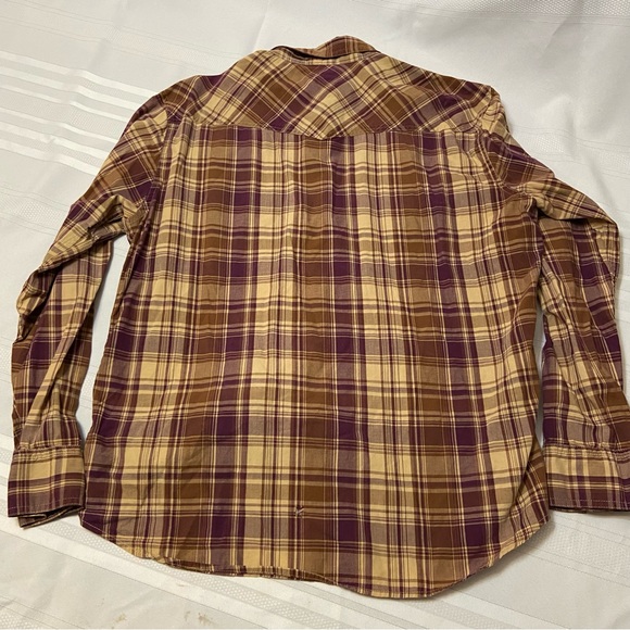 Fossil 54 Mens Vintage Fit Snap Brown Plaid Western Shirt - small hole - Size XL - Picture 2 of 6